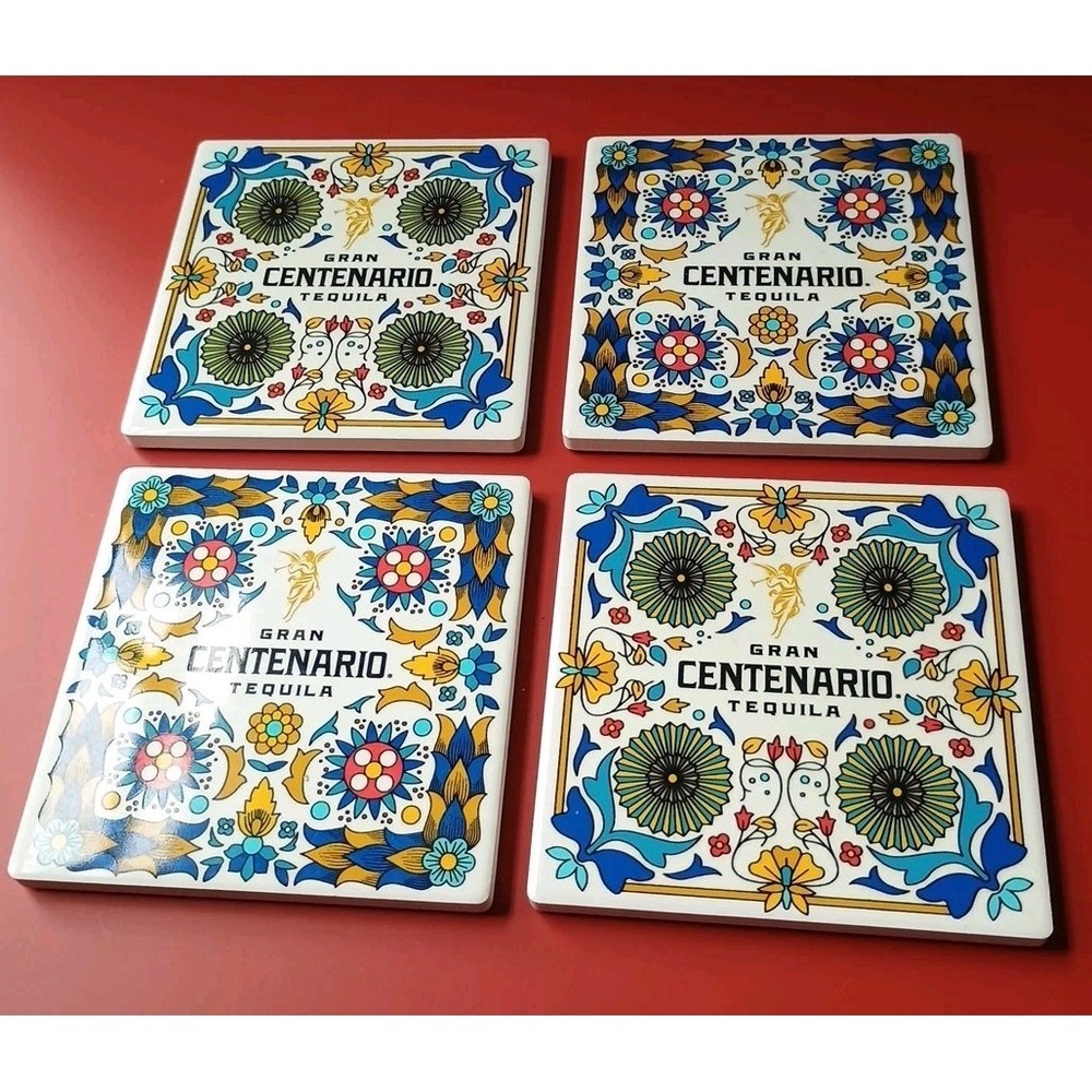 Gran Centenario Tequila Ceramic Tile Coasters Set‎ 4 Square - White Blue Yellow